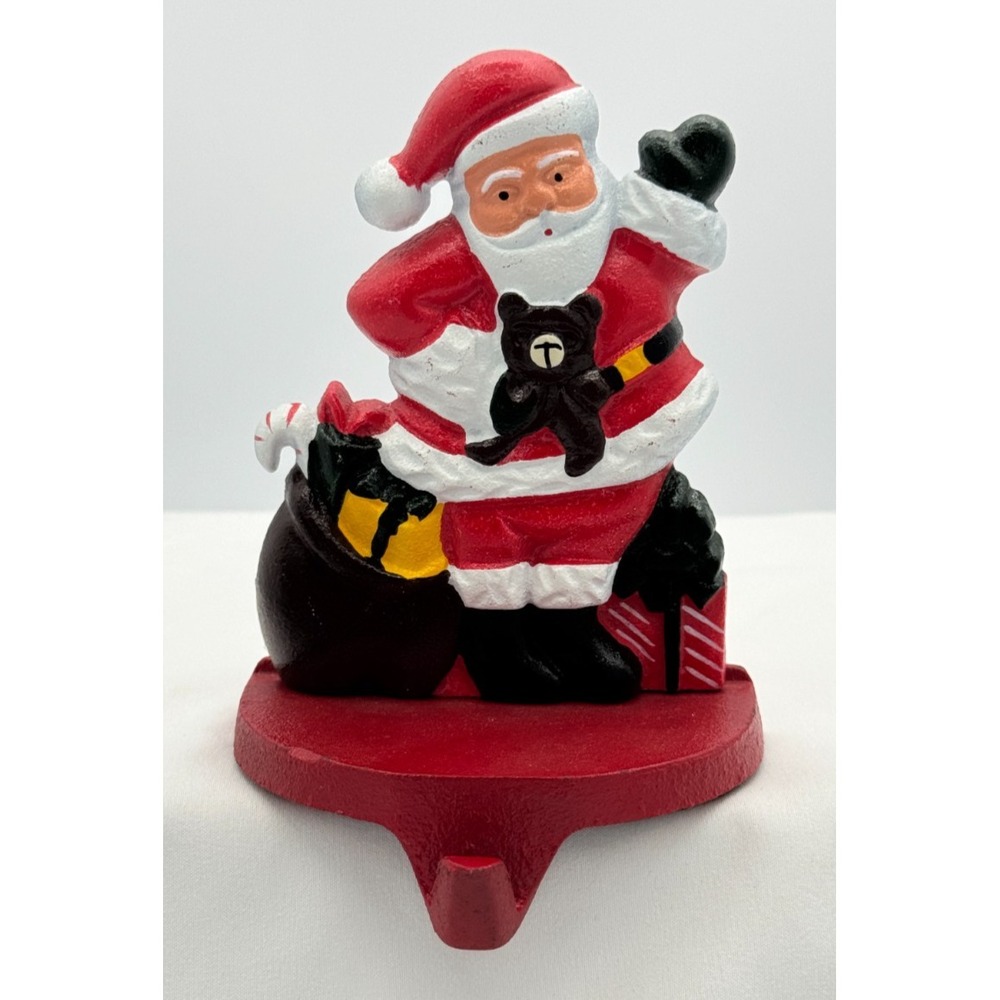 1990 Lillian Vernon Cast Iron Santa and Bear Stocking Holder 5" - Hand Painted